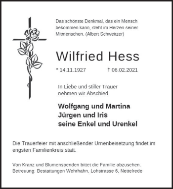 Traueranzeige von Wilfried Hess von Neue Deister-Zeitung