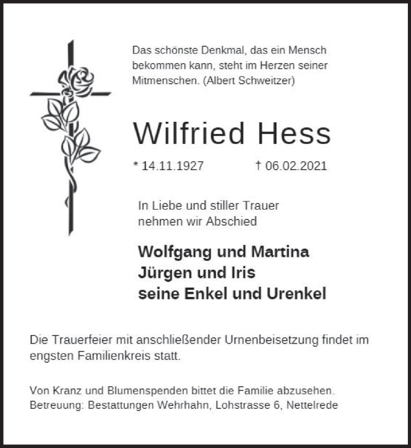  Traueranzeige für Wilfried Hess vom 20.02.2021 aus Neue Deister-Zeitung