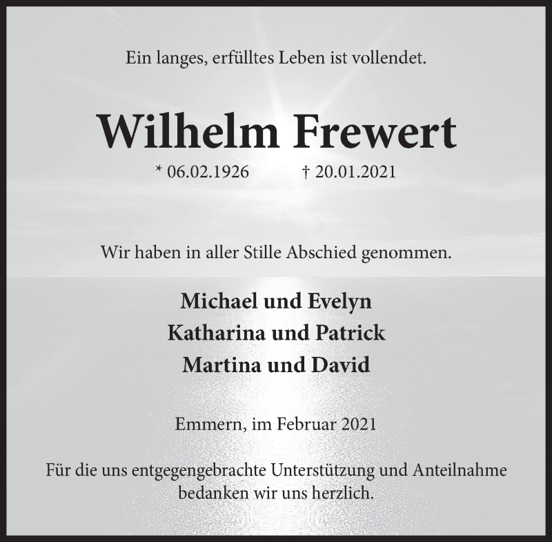  Traueranzeige für Wilhelm Frewert vom 06.02.2021 aus Deister- und Weserzeitung