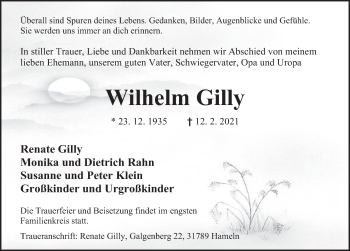 Traueranzeige von Wilhelm Gilly von Deister- und Weserzeitung