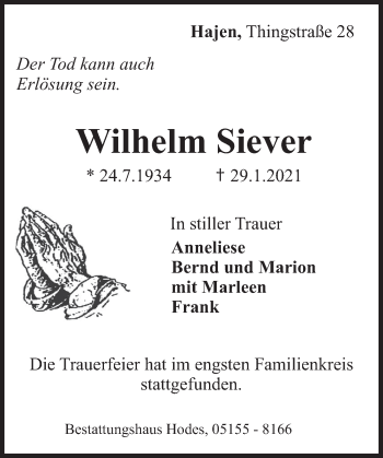 Traueranzeige von Wilhelm Siever von Deister- und Weserzeitung