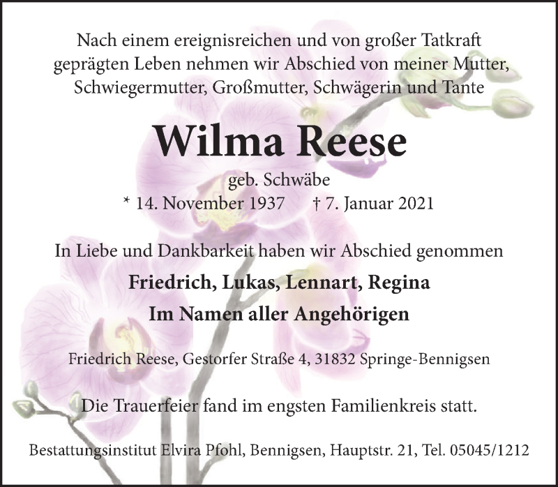  Traueranzeige für Wilma Reese vom 06.02.2021 aus Neue Deister-Zeitung