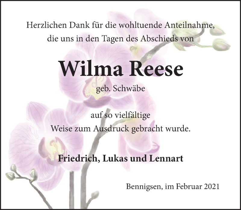  Traueranzeige für Wilma Reese vom 13.02.2021 aus Neue Deister-Zeitung