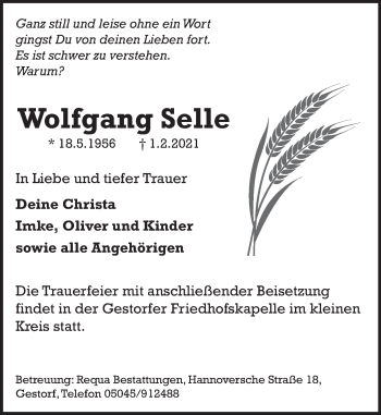 Traueranzeige von Wolfgang Selle von Neue Deister-Zeitung
