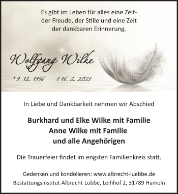 Traueranzeige von Wolfgang Wilke von Deister- und Weserzeitung