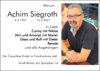 Traueranzeige von Achim Siegroth von Deister- und Weserzeitung
