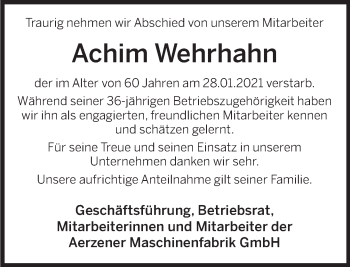 Traueranzeige von Achim Wehrhahn von Deister- und Weserzeitung