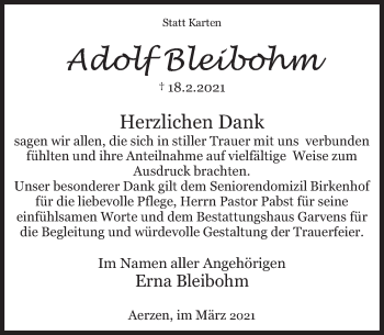 Traueranzeige von Adolf Bleibohm von Deister- und Weserzeitung