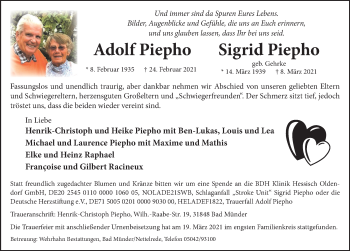 Traueranzeige von Adolf Piepho von Deister- und Weserzeitung