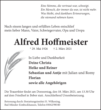 Traueranzeige von Alfred Hoffmeister von Neue Deister-Zeitung