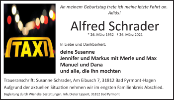 Traueranzeige von Alfred Schrader von Deister- und Weserzeitung
