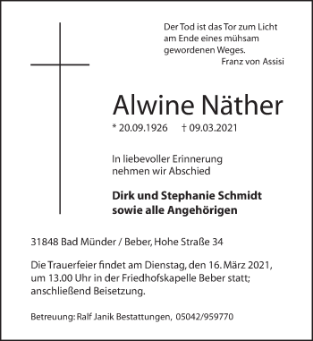 Traueranzeige von Alwine Näther von Neue Deister-Zeitung