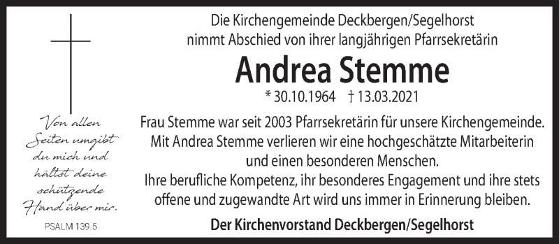  Traueranzeige für Andrea Stemme vom 27.03.2021 aus Deister- und Weserzeitung