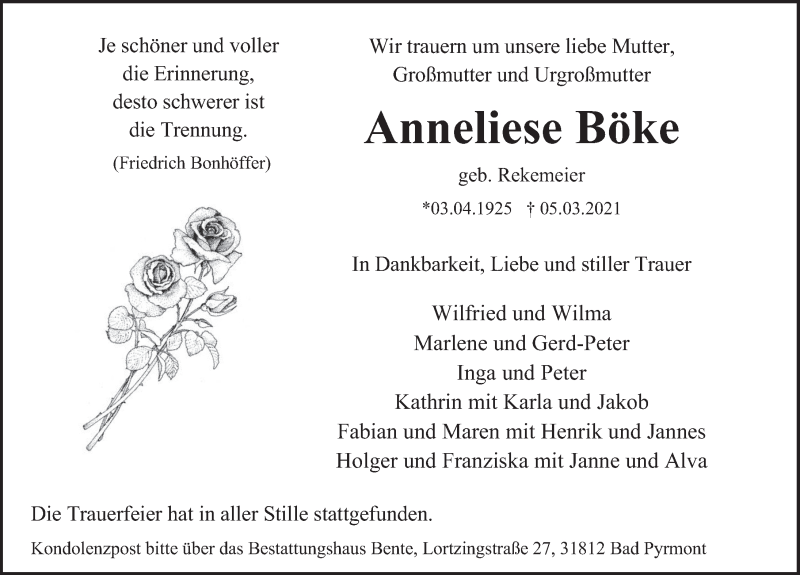  Traueranzeige für Anneliese Böke vom 13.03.2021 aus Deister- und Weserzeitung