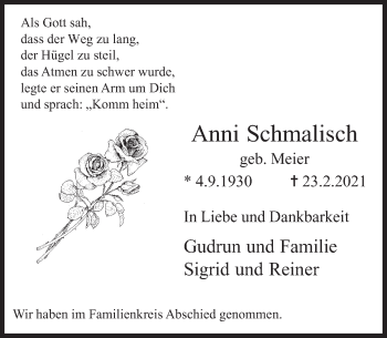 Traueranzeige von Anni Schmalisch von Deister- und Weserzeitung