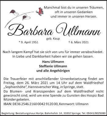 Traueranzeige von Barbara Ullmann von Neue Deister-Zeitung