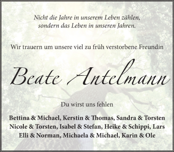 Traueranzeige von Beate Antelmann von Neue Deister-Zeitung