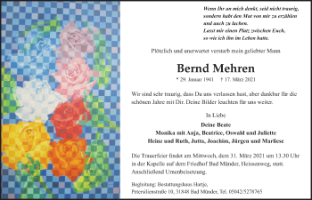 Traueranzeige von Bernd Mehren von Deister- und Weserzeitung
