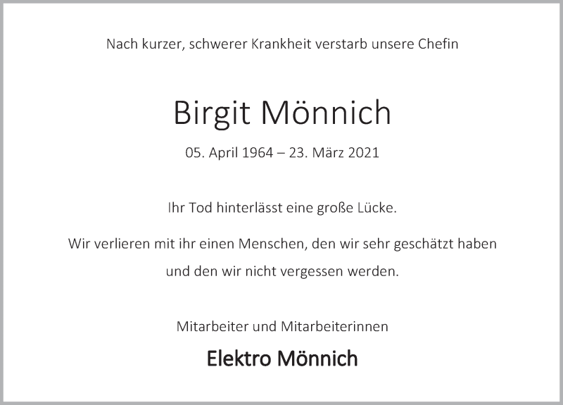  Traueranzeige für Birgit Mönnich vom 27.03.2021 aus Deister- und Weserzeitung