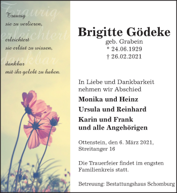 Traueranzeige von Brigitte Gödeke von Deister- und Weserzeitung
