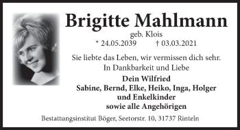 Traueranzeige von Brigitte Mahlmann von Deister- und Weserzeitung