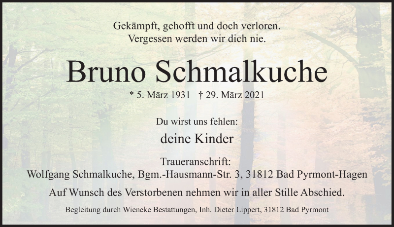  Traueranzeige für Bruno Schmalkuche vom 03.04.2021 aus Deister- und Weserzeitung