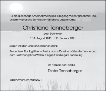 Traueranzeige von Christiane Tanneberger von Deister- und Weserzeitung