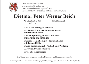 Traueranzeige von Dietmar Peter Werner Beich von Neue Deister-Zeitung