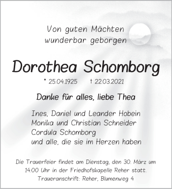 Traueranzeige von Dorothea Schomborg von Deister- und Weserzeitung