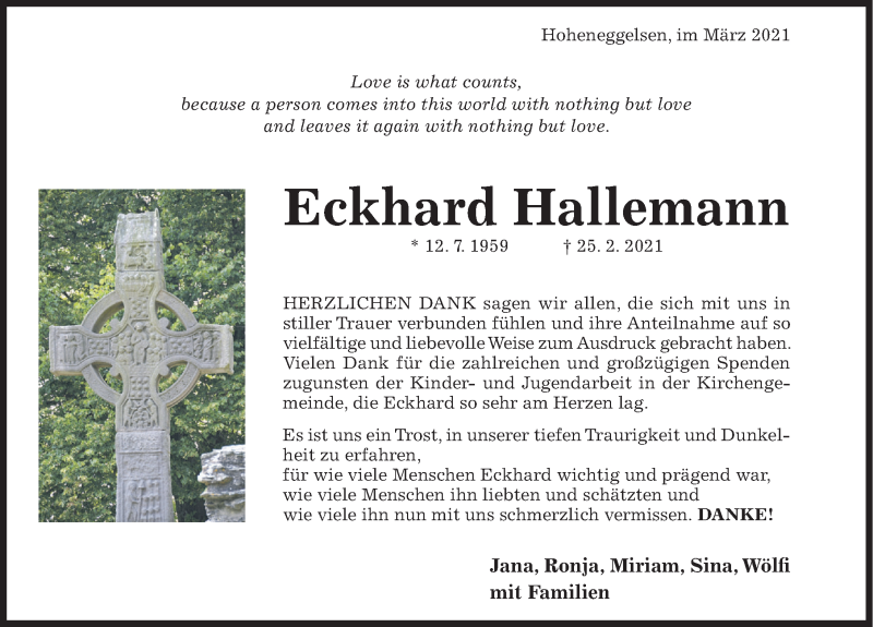 Traueranzeige für Eckhard Hallemann vom 29.03.2021 aus Deister- und Weserzeitung