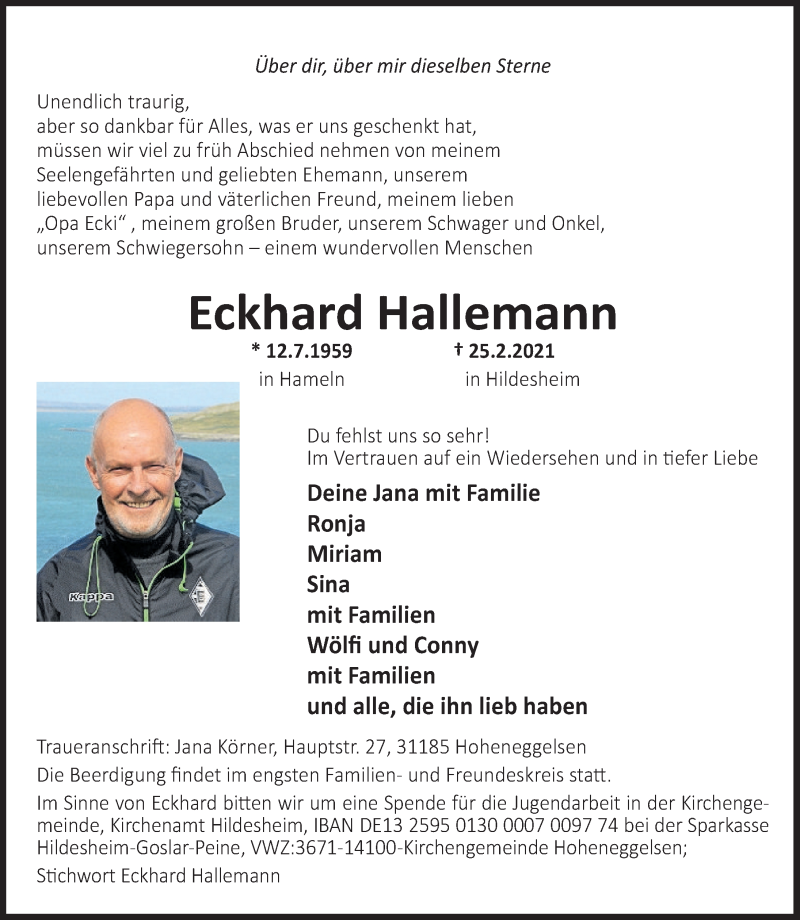  Traueranzeige für Eckhard Hallemann vom 02.03.2021 aus Deister- und Weserzeitung