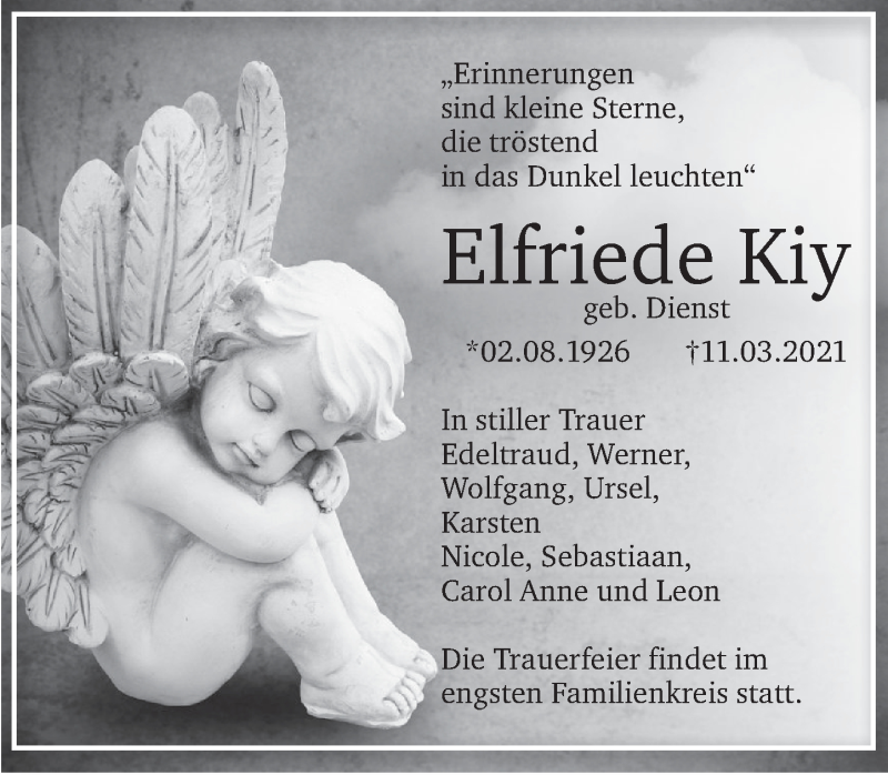  Traueranzeige für Elfriede Kiy vom 13.03.2021 aus Deister- und Weserzeitung