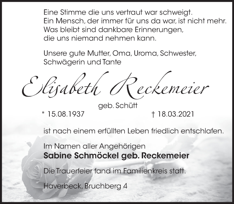  Traueranzeige für Elisabeth Reckemeier vom 27.03.2021 aus Deister- und Weserzeitung