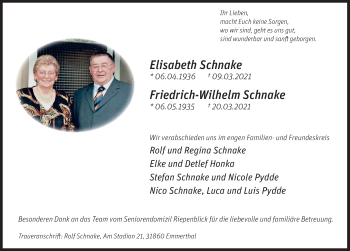 Traueranzeige von Elisabeth Schnake von Deister- und Weserzeitung