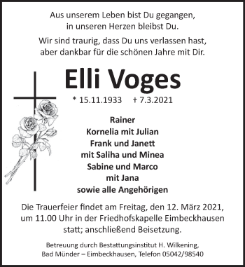 Traueranzeige von Elli Voges von Neue Deister-Zeitung