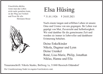 Traueranzeige von Elsa Hüsing von Deister- und Weserzeitung