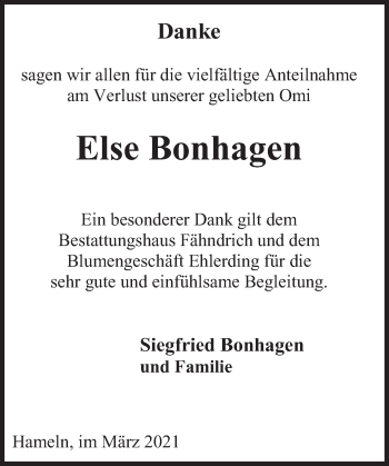 Traueranzeige von Else Bonhagen von Deister- und Weserzeitung