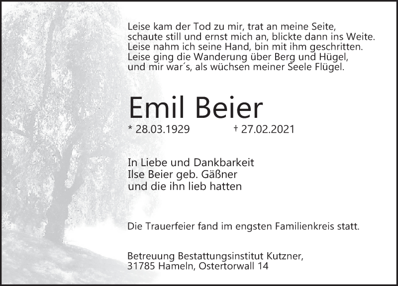  Traueranzeige für Emil Beier vom 10.03.2021 aus Deister- und Weserzeitung
