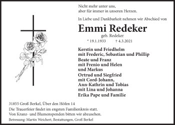 Traueranzeige von Emmi Redeker von Deister- und Weserzeitung