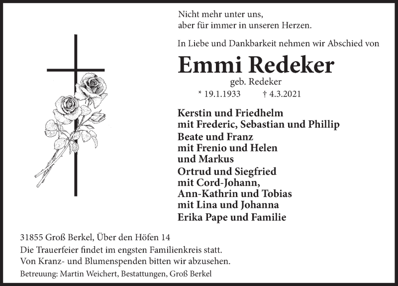  Traueranzeige für Emmi Redeker vom 06.03.2021 aus Deister- und Weserzeitung