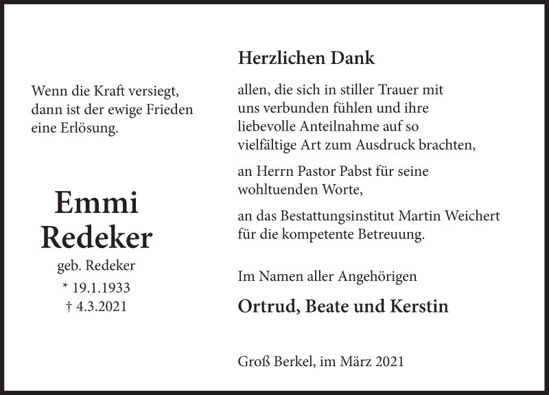  Traueranzeige für Emmi Redeker vom 27.03.2021 aus Deister- und Weserzeitung