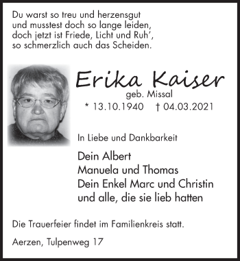 Traueranzeige von Erika Kaiser von Deister- und Weserzeitung