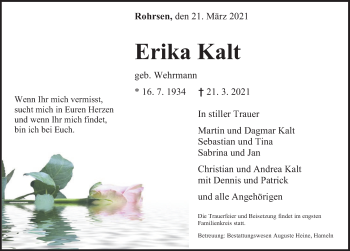 Traueranzeige von Erika Kalt von Deister- und Weserzeitung