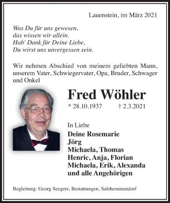 Traueranzeige von Fred Wöhler von Deister- und Weserzeitung