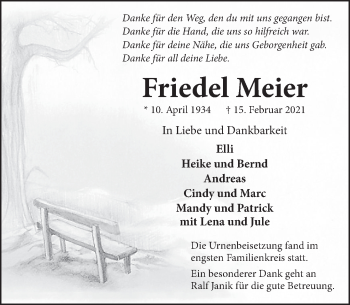 Traueranzeige von Friedel Meier von Neue Deister-Zeitung