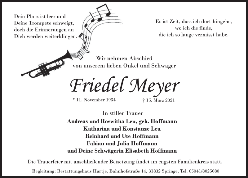  Traueranzeige für Friedel Meyer vom 20.03.2021 aus Deister- und Weserzeitung