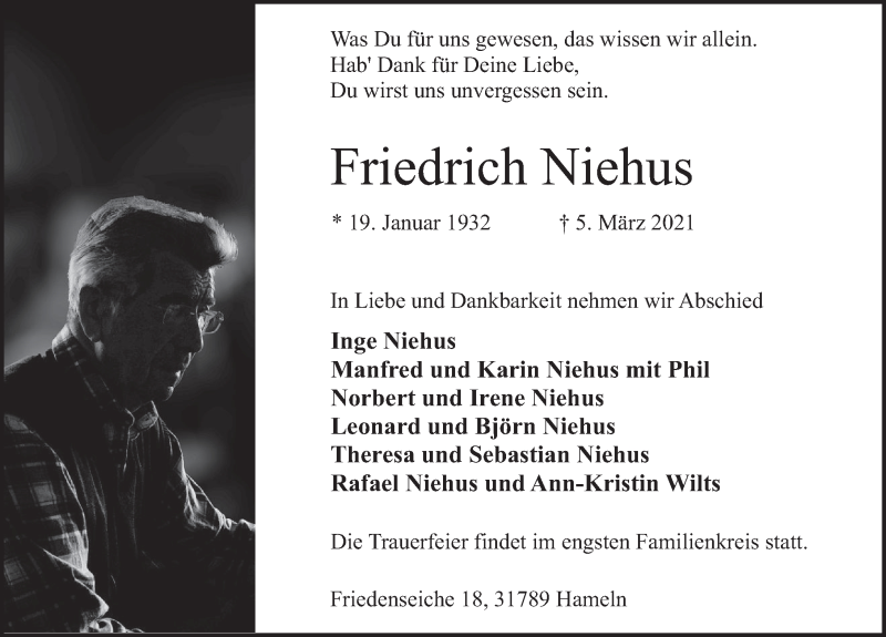  Traueranzeige für Friedrich Niehus vom 13.03.2021 aus Deister- und Weserzeitung