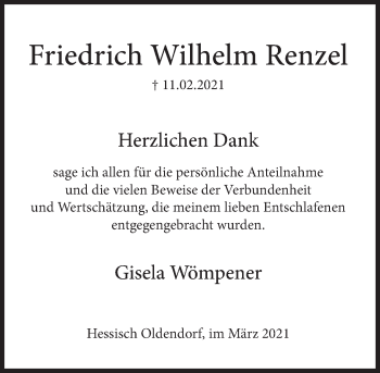 Traueranzeige von Friedrich Wilhelm Renzel von Deister- und Weserzeitung
