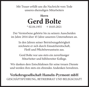 Traueranzeige von Gerd Bolte von Deister- und Weserzeitung