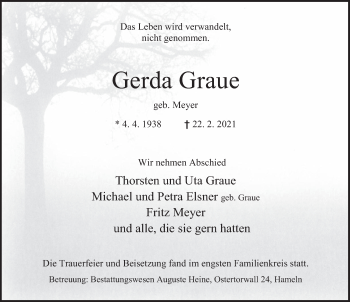 Traueranzeige von Gerda Graue von Deister- und Weserzeitung